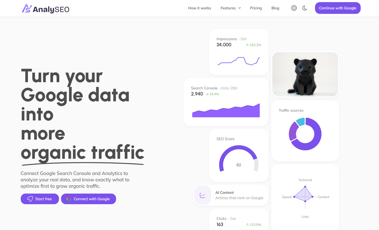 AnalySEO dashboard turning Google Search Console data into prioritized SEO actions