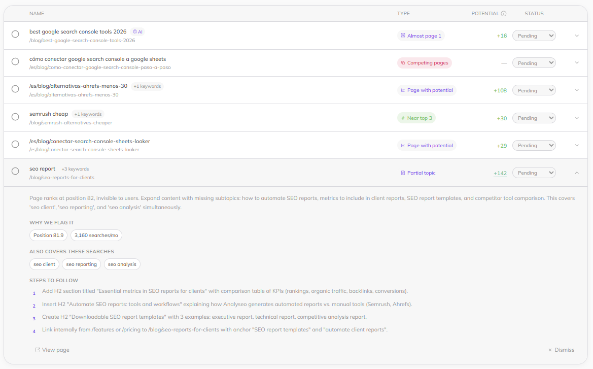 AnalySEO showing Search Console keyword opportunities with the steps to fix each one
